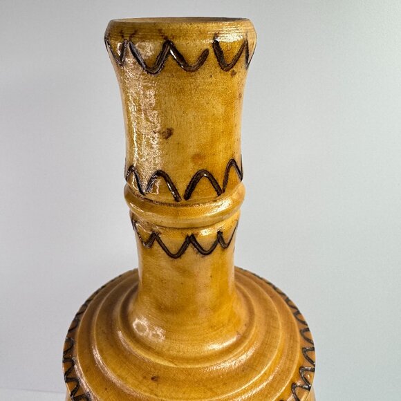 Vintage Handmade Carved and Burnt Wood Flower Vase - Picture 2 of 7